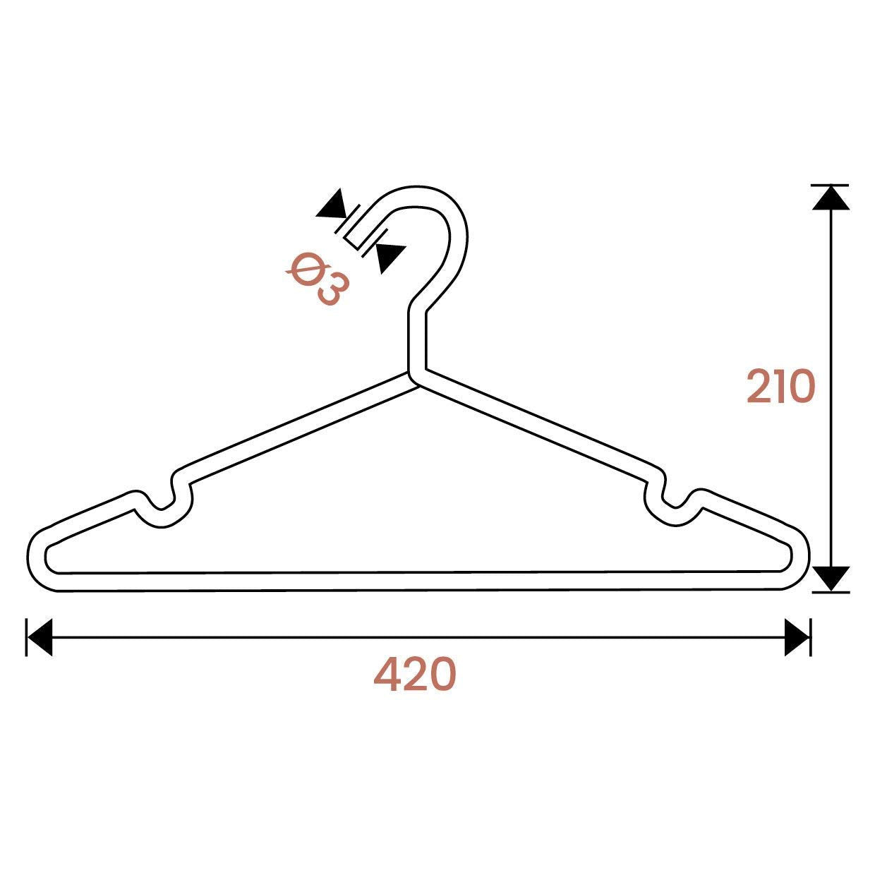 Eine technische Zeichnung eines Kleiderbügels aus stabilem Metall (Bündel) von rod & knot mit Maßangaben. Die Höhe beträgt 210 mm, die Breite 420 mm und der Hakendurchmesser 3 mm. Der Metallbügel verfügt an den Seiten über Kerben zur Befestigung von Bändern.