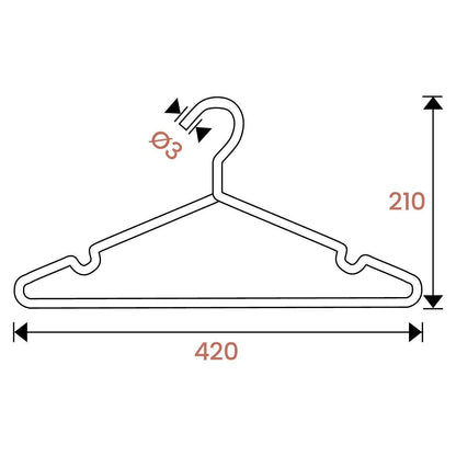 Eine technische Zeichnung eines Kleiderbügels aus stabilem Metall (Bündel) von rod & knot mit Maßangaben. Die Höhe beträgt 210 mm, die Breite 420 mm und der Hakendurchmesser 3 mm. Der Metallbügel verfügt an den Seiten über Kerben zur Befestigung von Bändern.